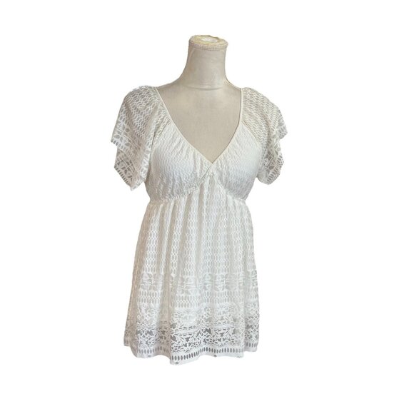 Max Studio Petites Babydoll Tunic Lace Blouse V Neck Eyelet Lined Flutter Sleeve - Picture 1 of 9